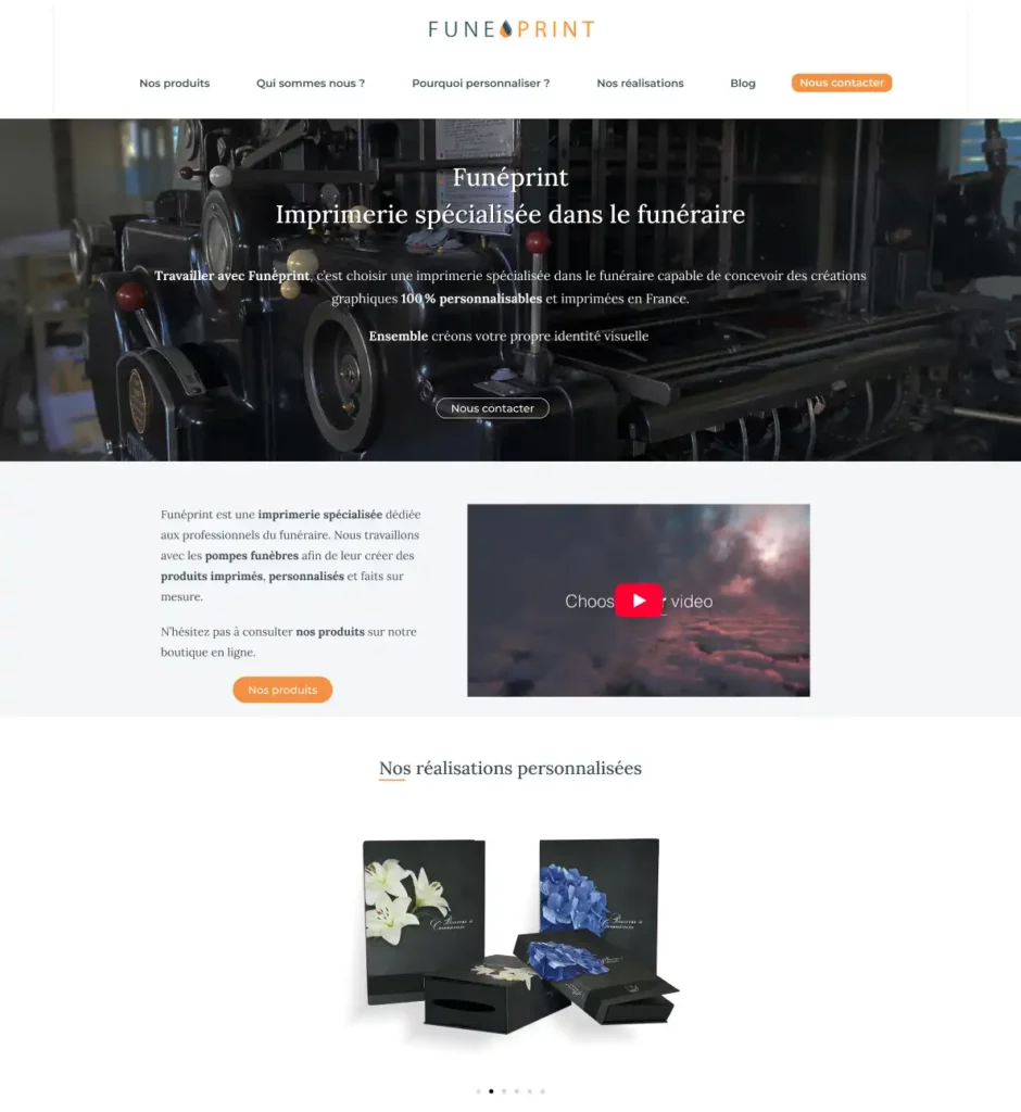 Début de la page d'accueil du site vitrine de Funéprint